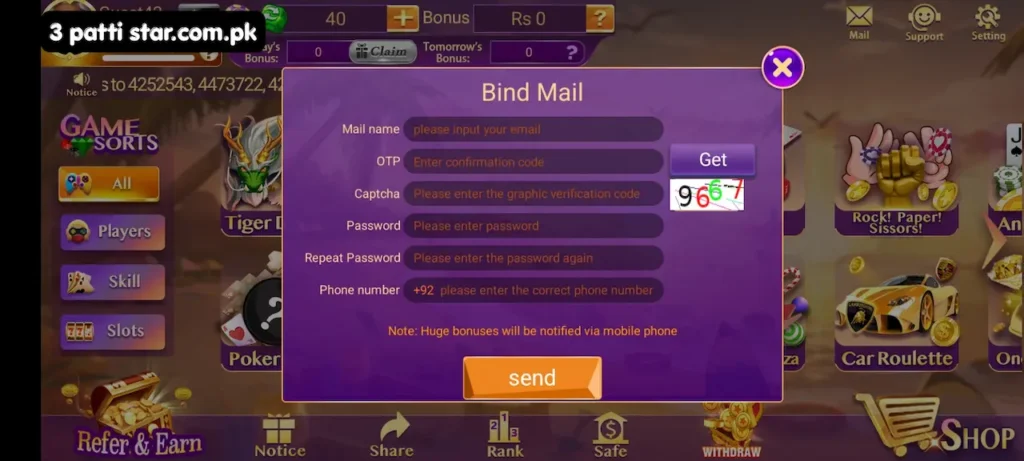 Register an account in 3 pattib star